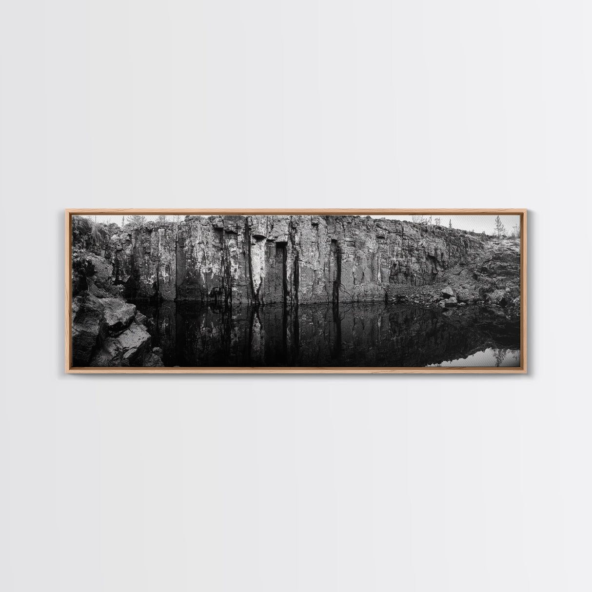 Quarry Wall, Rocky Cliff, Natural Reflection, Still Water, Framed Canvas Print, Industrial Wall Art, Man Cave Decor, Rustic Landscape Art