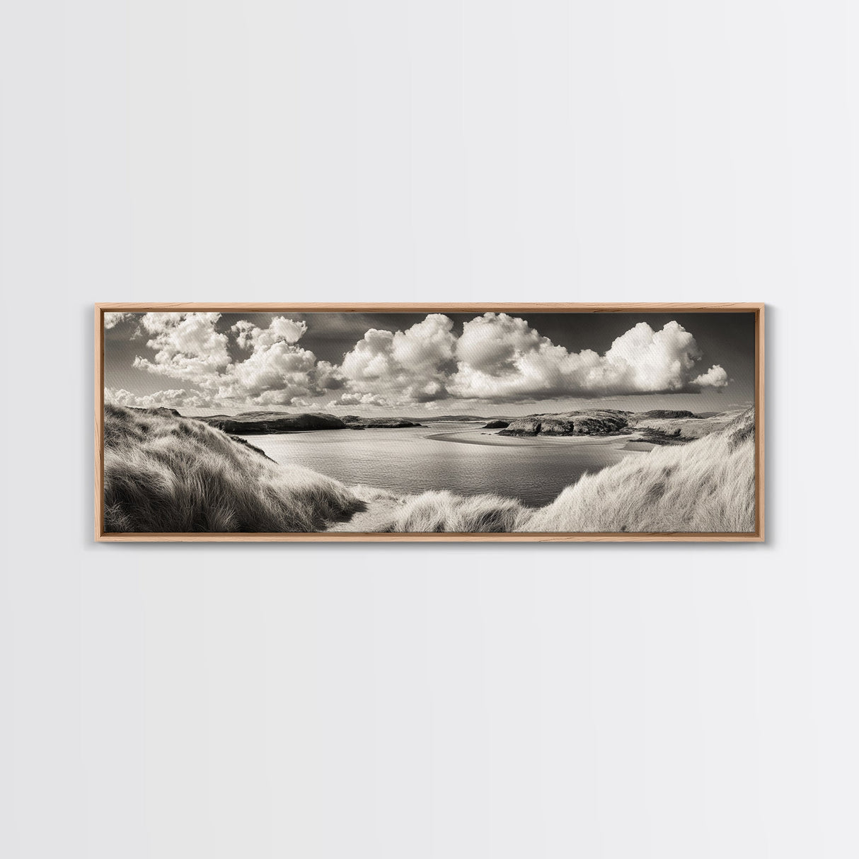 Misty Lake, Peaceful Shore, Cloud Reflections, Canvas Print, Black and White Nature Art, Coastal Landscape, Bedroom Wall Art, Minimalist Decor