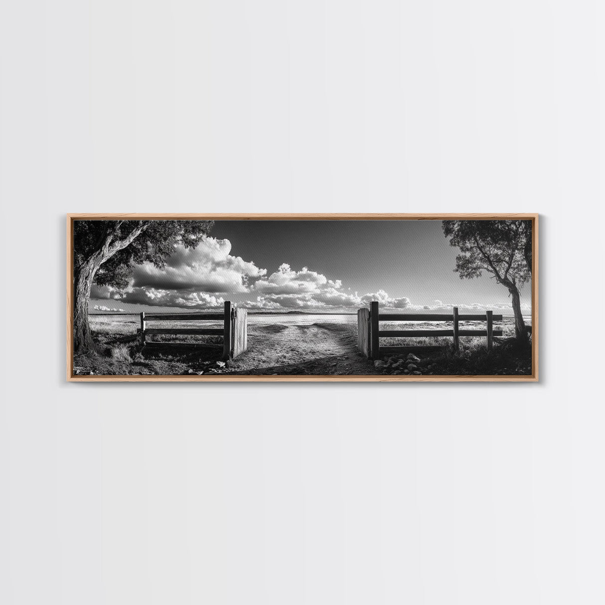 Wooden Fence, Open Field, Cloud Horizon, Framed Canvas Print, Country Landscape Photography, Entryway Wall Art, Farmhouse Autumn Decor