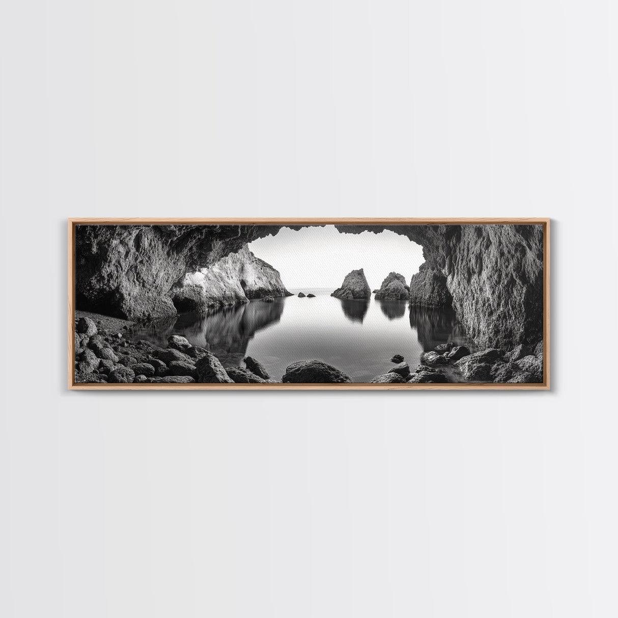 Sea Cave View, Ocean Reflections, Nature Escape, Framed Canvas Print, Beach House Wall Art, Zen Decor, Black and White Coastal Style