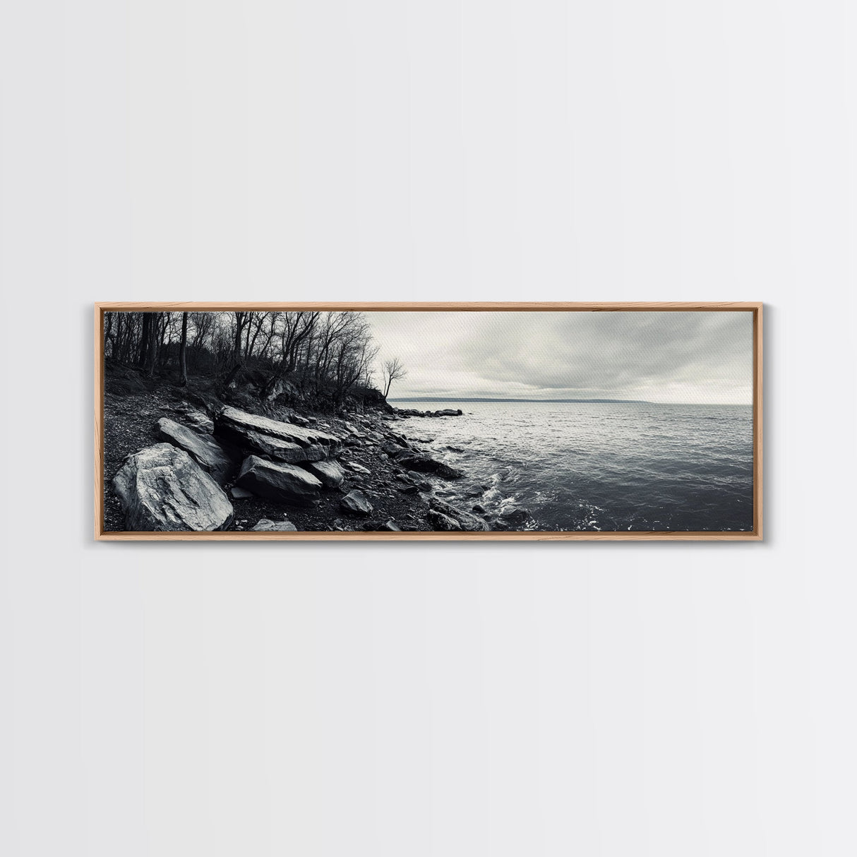 Misty Coast, Rocky Shore, Moody Seascape, Framed Canvas Print, Coastal Wall Art, Nature Photography, Rustic Bedroom Decor, Cabin Style