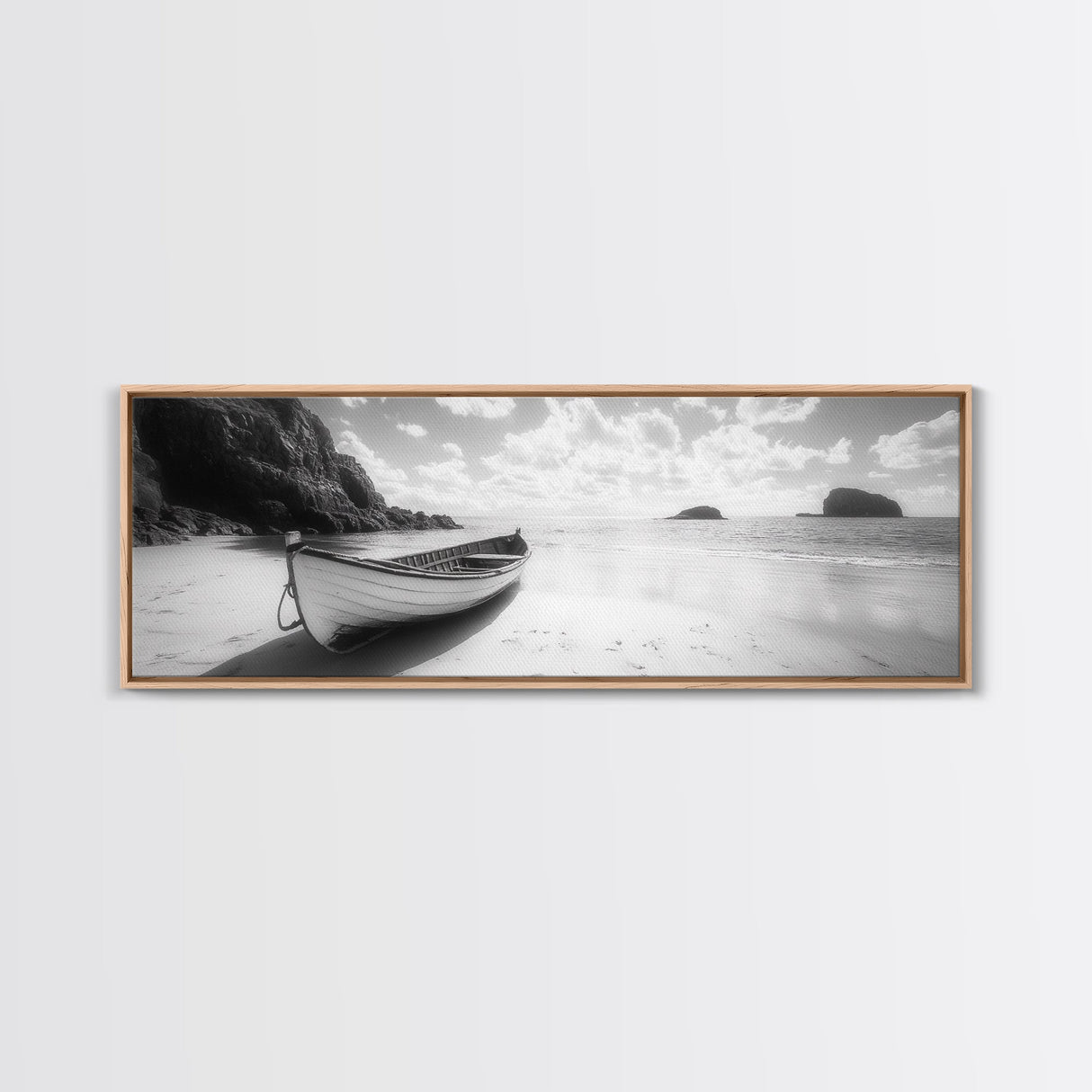 Rowboat, Sandy Cove, Island View, Canvas Print, Coastal Photography, Minimalist Beach Decor, Serene Bathroom or Bedroom Wall Art