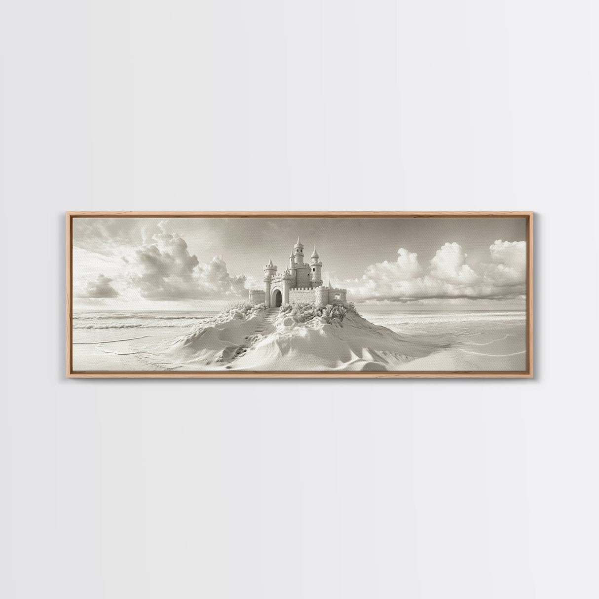 Fantasy Sand Castle, Seaside Kingdom, Dreamy Beach Scene, Magical Vibes, Framed Canvas Print, Kids Room Art, Whimsical Decor, Coastal Theme