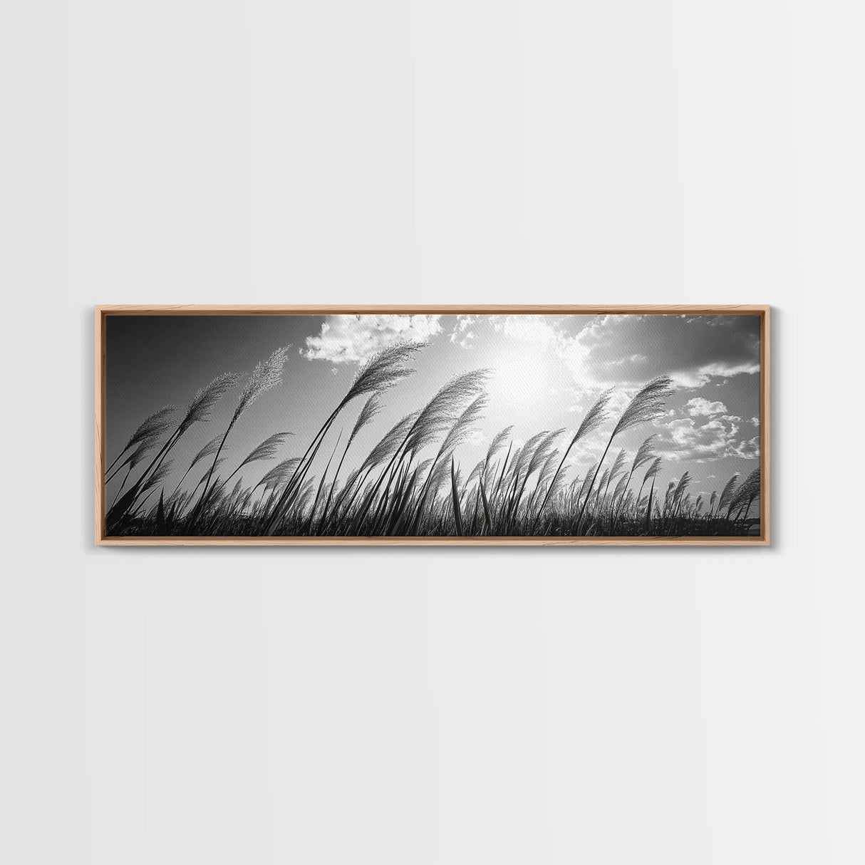 Windy Grass Field, Sunlit Sky, Nature Movement, Prairie Glow, Framed Canvas Print, Fall Wall Art, Living Room Decor, Boho Rustic Aesthetic