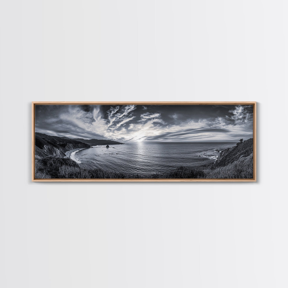 Cloudy Horizon, Wide Ocean View, Coastal Cliffs, Framed Canvas Print, dramatic seascape wall art, coastal kitchen decor, black and white