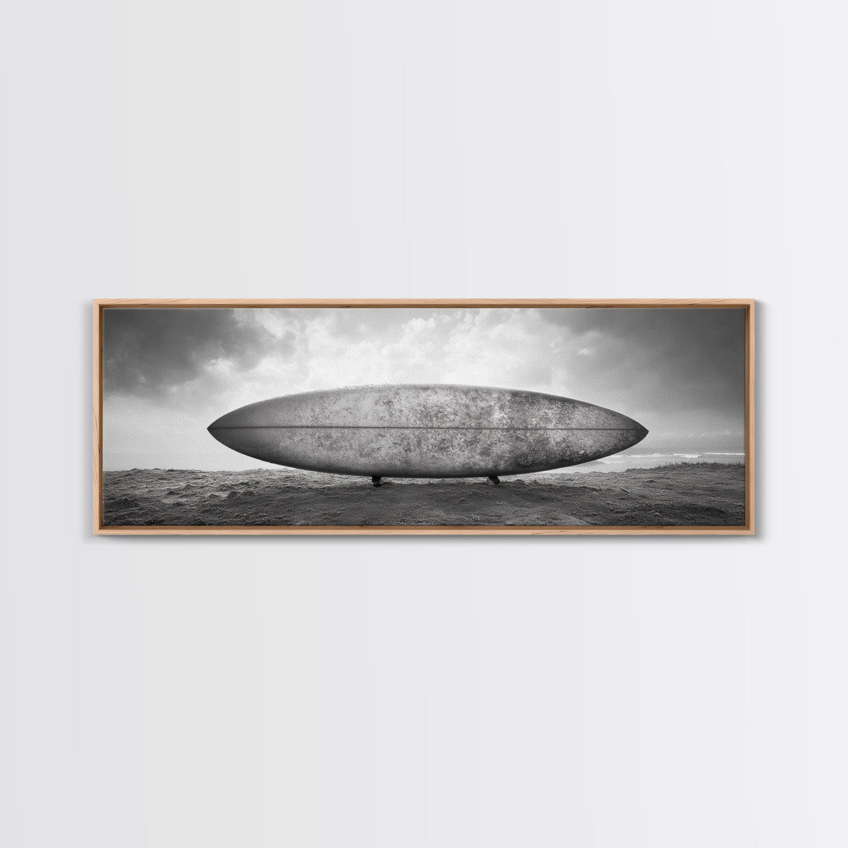 Surfboard Alone, Beach Sand, Cloudy Sky, Framed Canvas Print, minimalist surf art, coastal man cave decor, surf lover gift idea