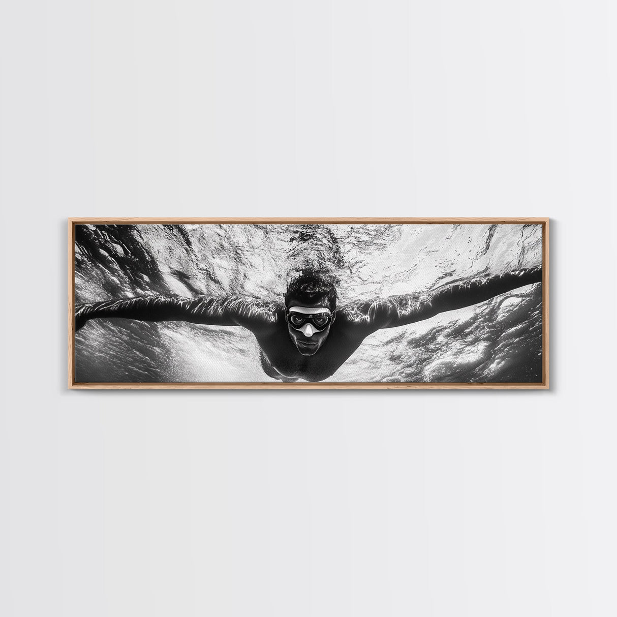 Underwater Swim, Black White Diver, Ocean Exploration, Canvas Print, modern bathroom wall art, sporty fitness vibe, minimalist ocean style