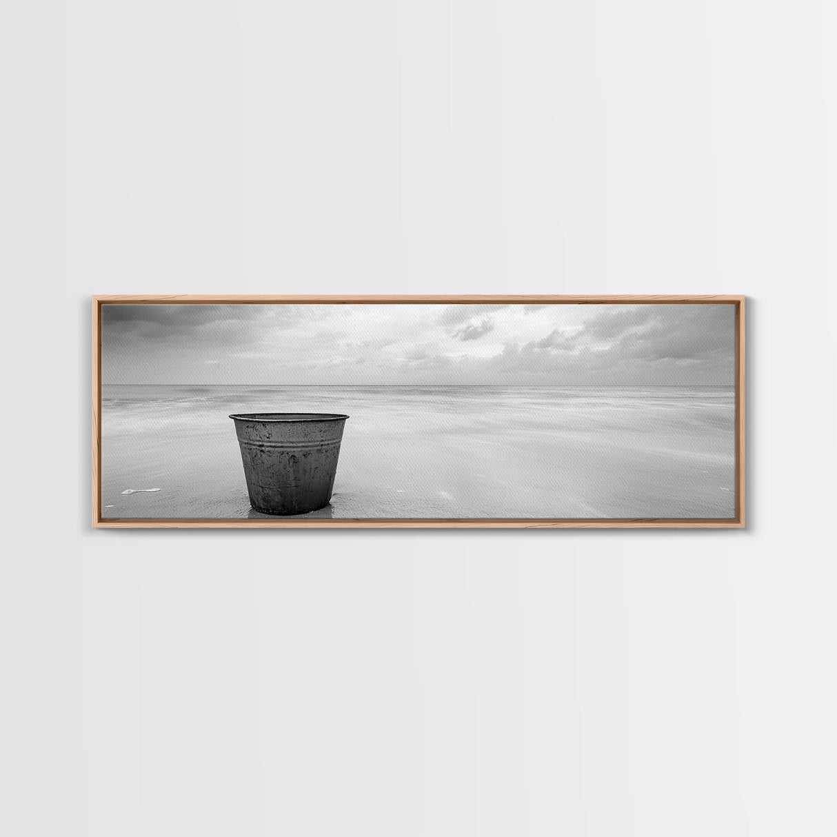 Seaside Metal Pail, Coastal Minimalism, Black White Art, Modern Bathroom Art, Framed Canvas Print, Tranquil Ocean Wall Decor