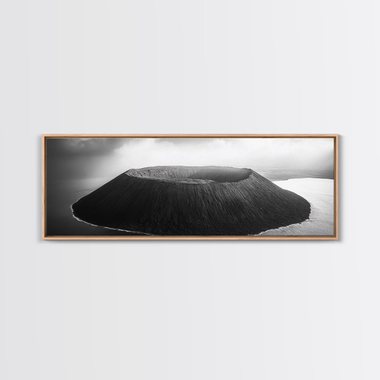 Island Volcano, Crater View, Aerial Landscape, Coastal Photography, Canvas Print, Nature Wall Decor, Bedroom Art, Monochrome Landscape
