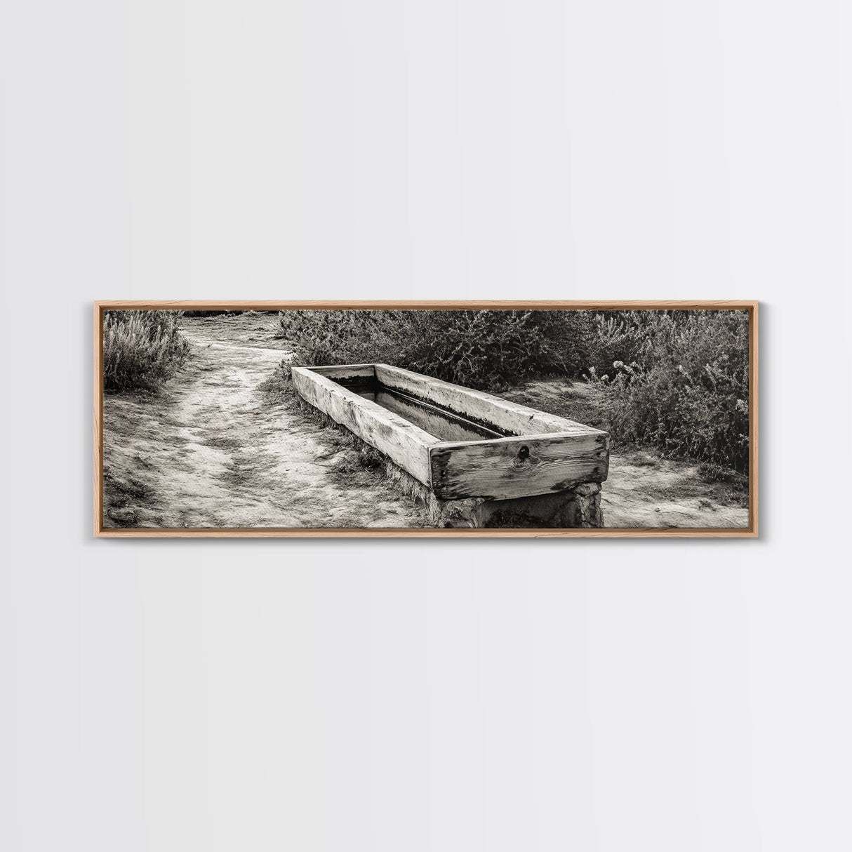 Rustic Water Trough, Nature Trail, Western Desert Scene, Framed Canvas Print, Country Farmhouse Decor, Minimalist Entryway Wall Art