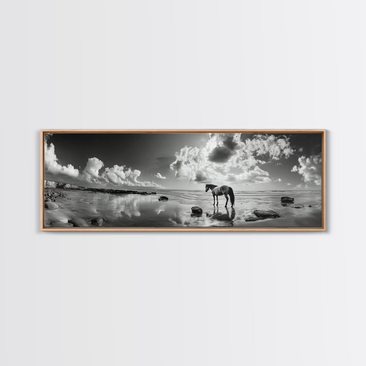 Beach Horse Reflection, Coastal Freedom, Wild Spirit Scene, Framed Canvas Print, Western Bathroom Art, Minimalist Beach House Decor
