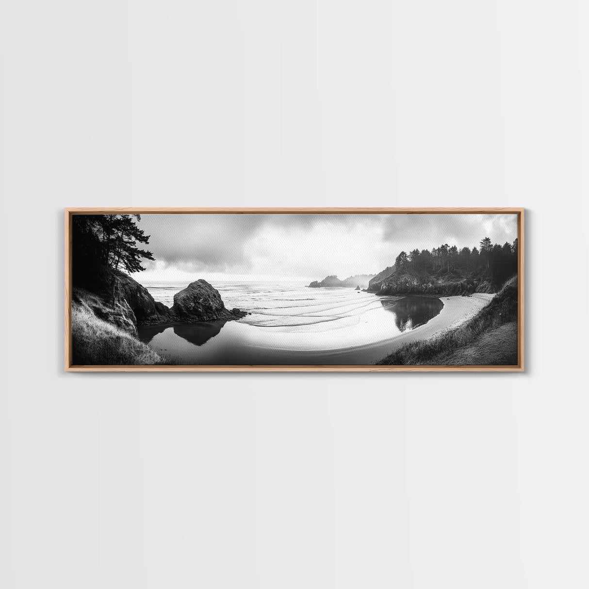 Forest Beach, Pacific Coast, Morning Mist, Tranquil Cove, Framed Canvas Print, Rustic Cabin Wall Art, Nature Landscape Photography