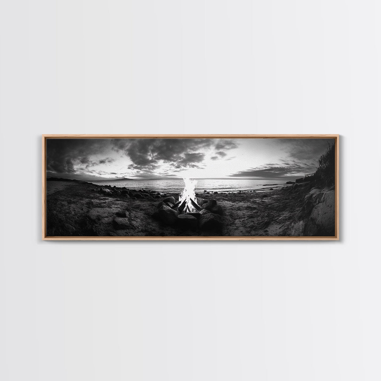 Seaside Fire, Coastal Camp, Black White, Night Shore, Framed Canvas Print, Fall decor, rustic outdoor art, cozy cabin wall art, man cave