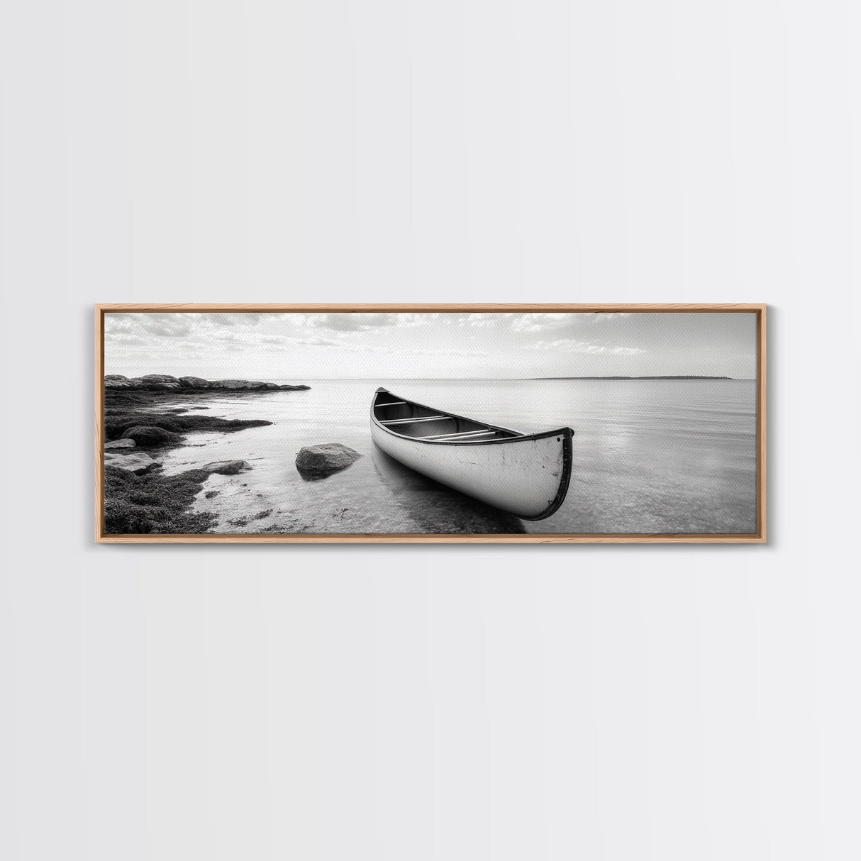 Canoe Shore, Coastal Calm, Nature Paddle, Tranquil Waters, Canvas Print, minimalist outdoor art, boho lake decor, living room wall piece