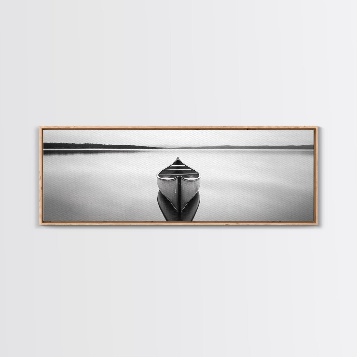 Still Canoe, Lake Mirror, Serene Water, Monochrome Boat, Framed Canvas Print, minimalist wall art, peaceful bedroom decor, boho lake style