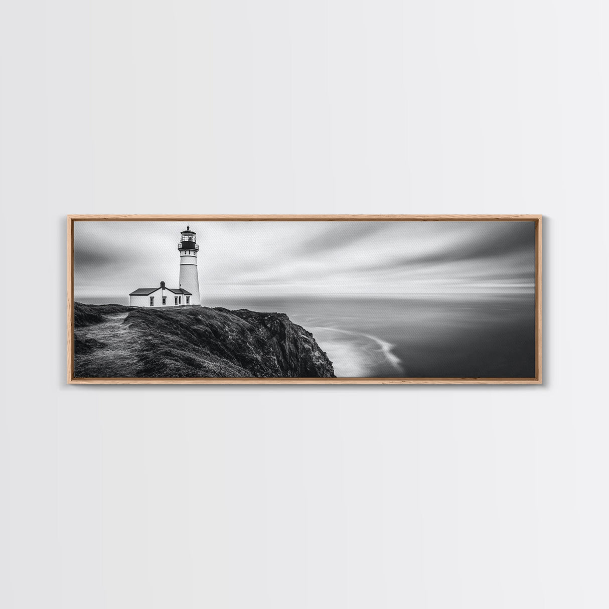 Lighthouse Serenity, Coastal Fog, Ocean Horizon, Canvas Print, Black and White Decor, Office Wall Art, Nautical Theme, Moody Photography