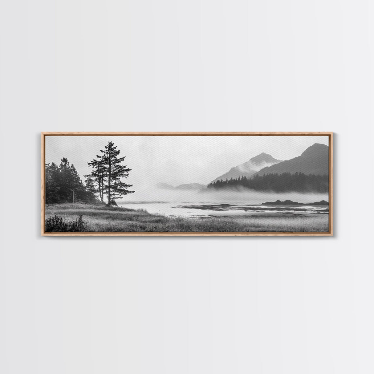 Foggy River Valley, Evergreen Mountains, Morning Mist Landscape, Framed Canvas Print, Tranquil Bedroom Art, Nature Inspired Decor