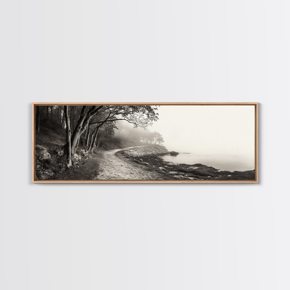 Forest Path, Misty Woods, Quiet Trail, Coastal Fog, Framed Canvas Print, Scandinavian Decor, Entryway Art, Minimal Nature Photography