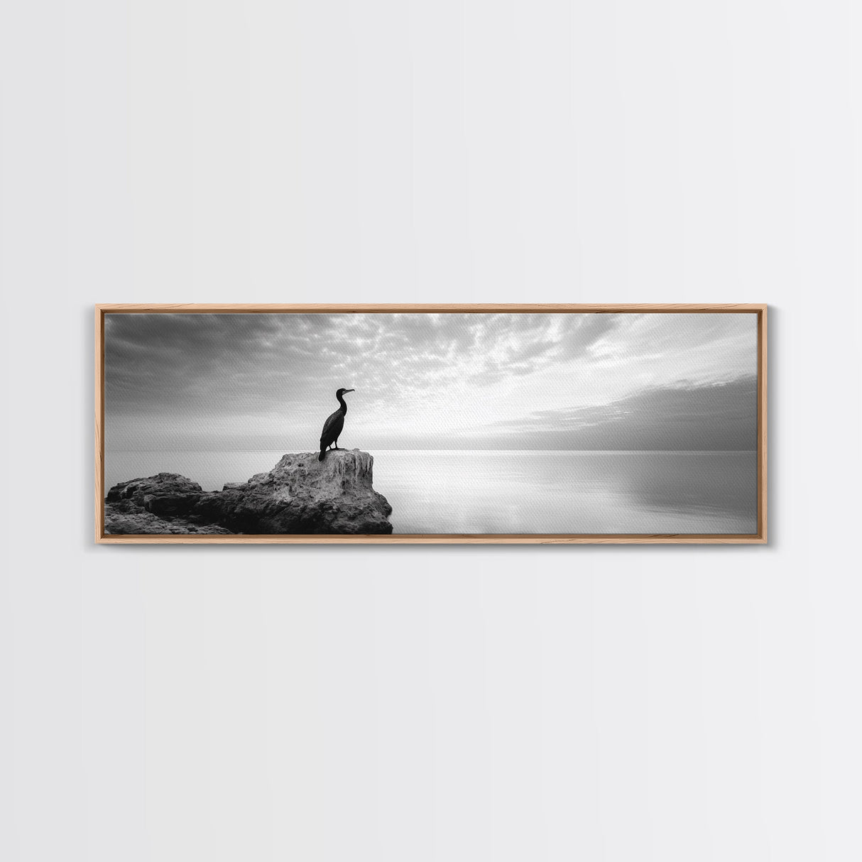 Solitary Bird, Ocean Rock, Minimalist Seascape, Canvas Print, Peaceful Wall Art, Zen Decor, Black and White Living Room Accent
