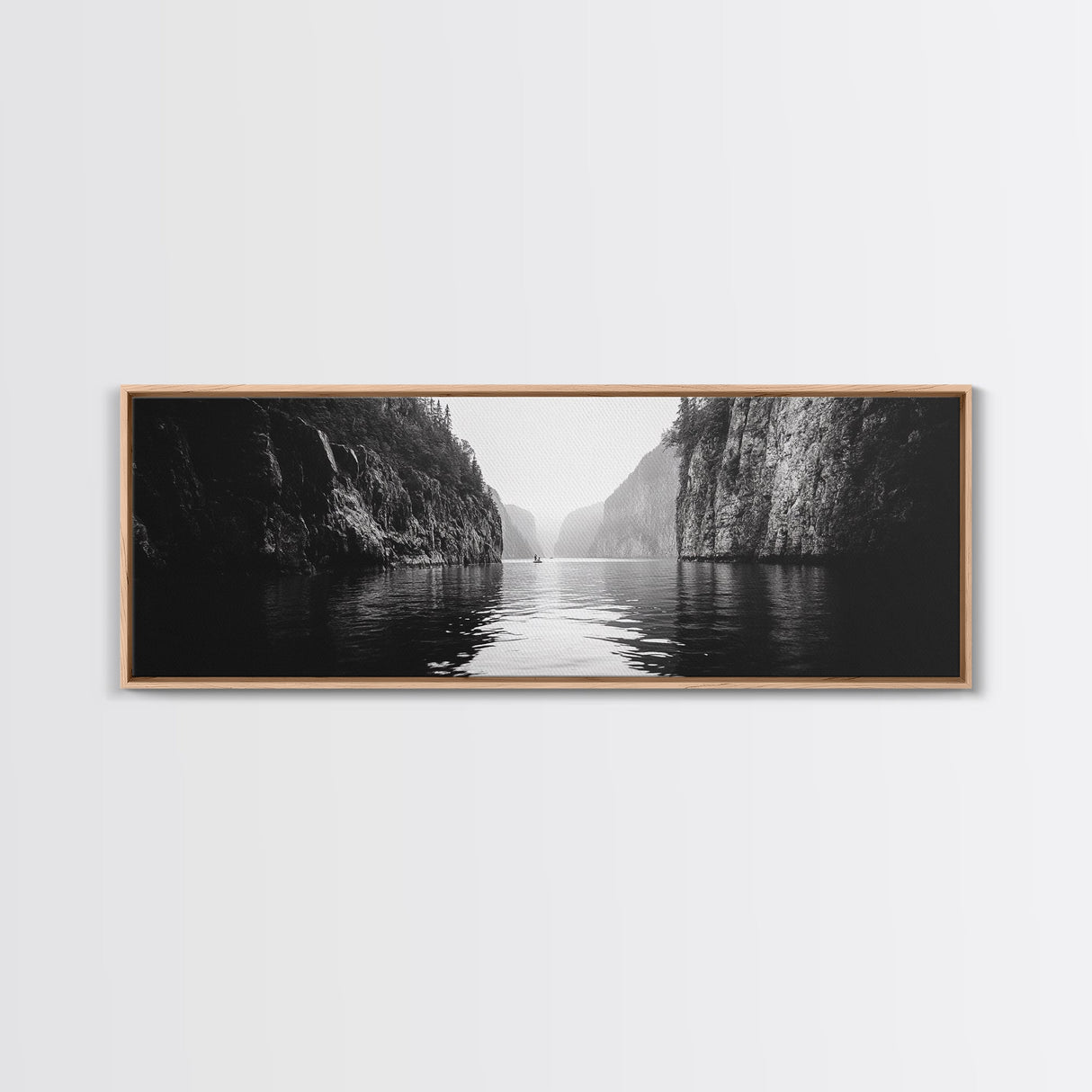 Misty Canyon, River Passage, Tranquil Adventure, Canvas Print, Nature Escape Wall Art, Zen Office Decor, Moody Black and White Style