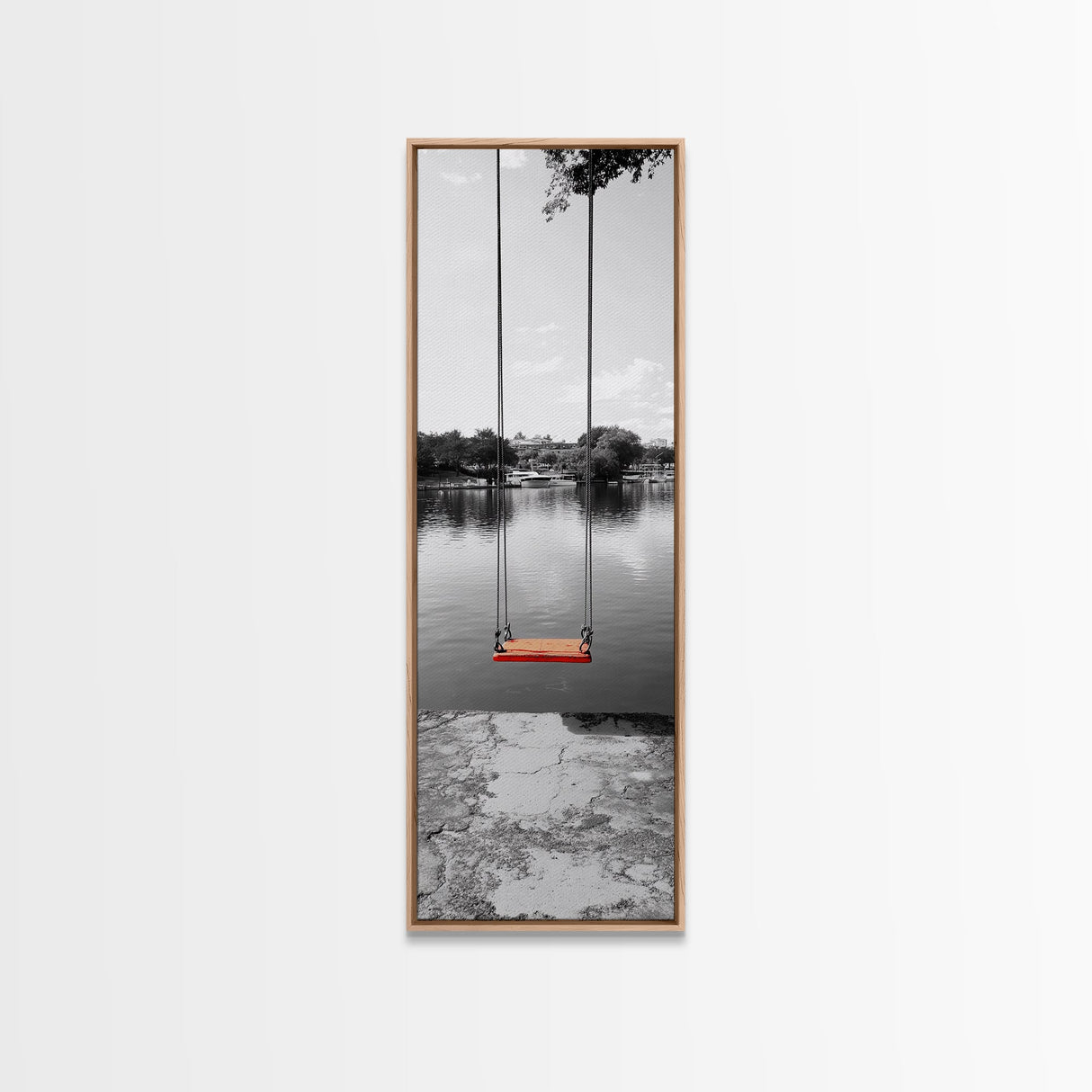Swing Over Lake, Still Waters, Childhood Memories, Tranquil View – Canvas Print, Minimalist Wall Art, Kids Room Decor, Serene Black and White