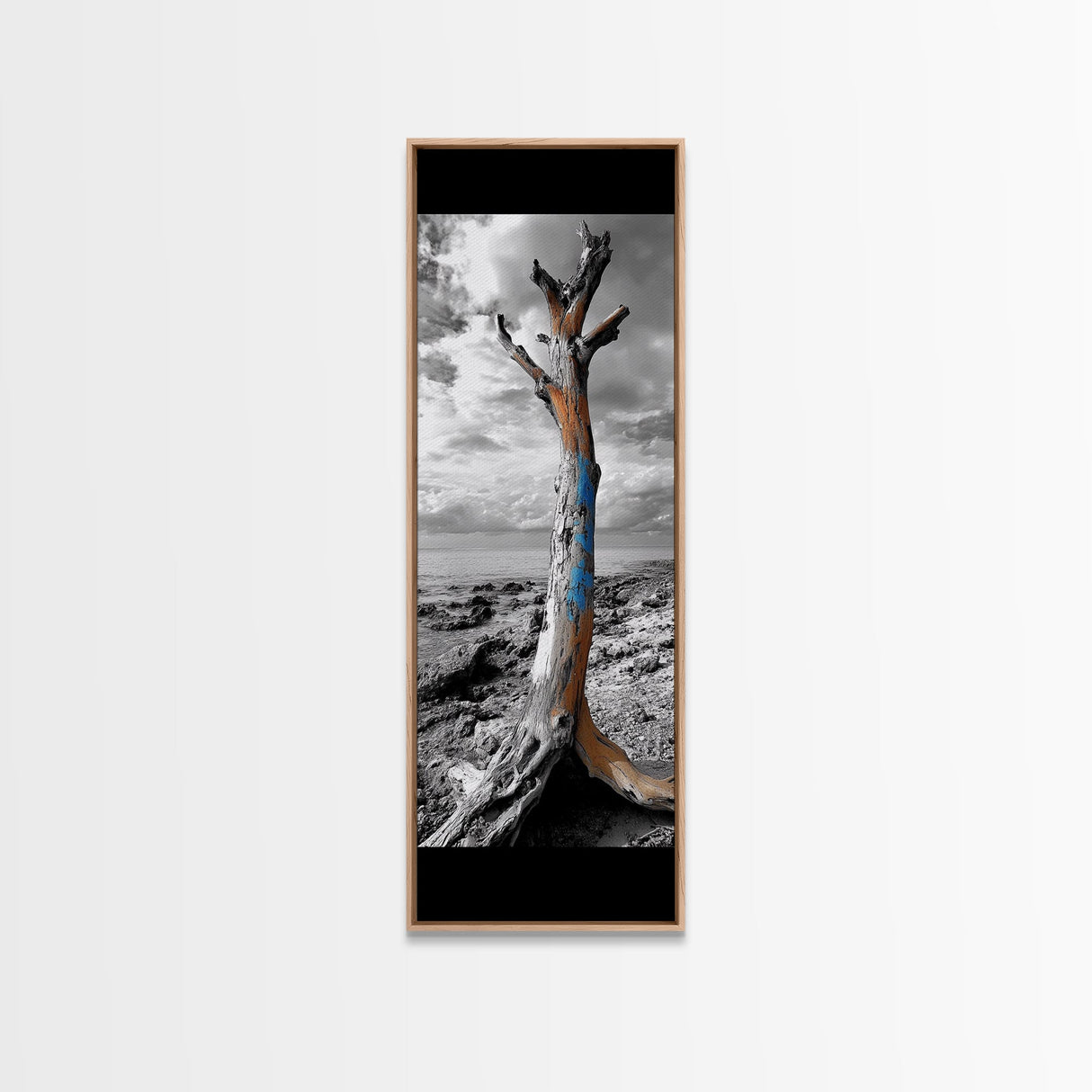 Painted Tree, Coastal Driftwood, Stormy Sky, Bold Texture – Framed Canvas Print, Beach House Decor, Abstract Nature Art, Rustic Minimalism