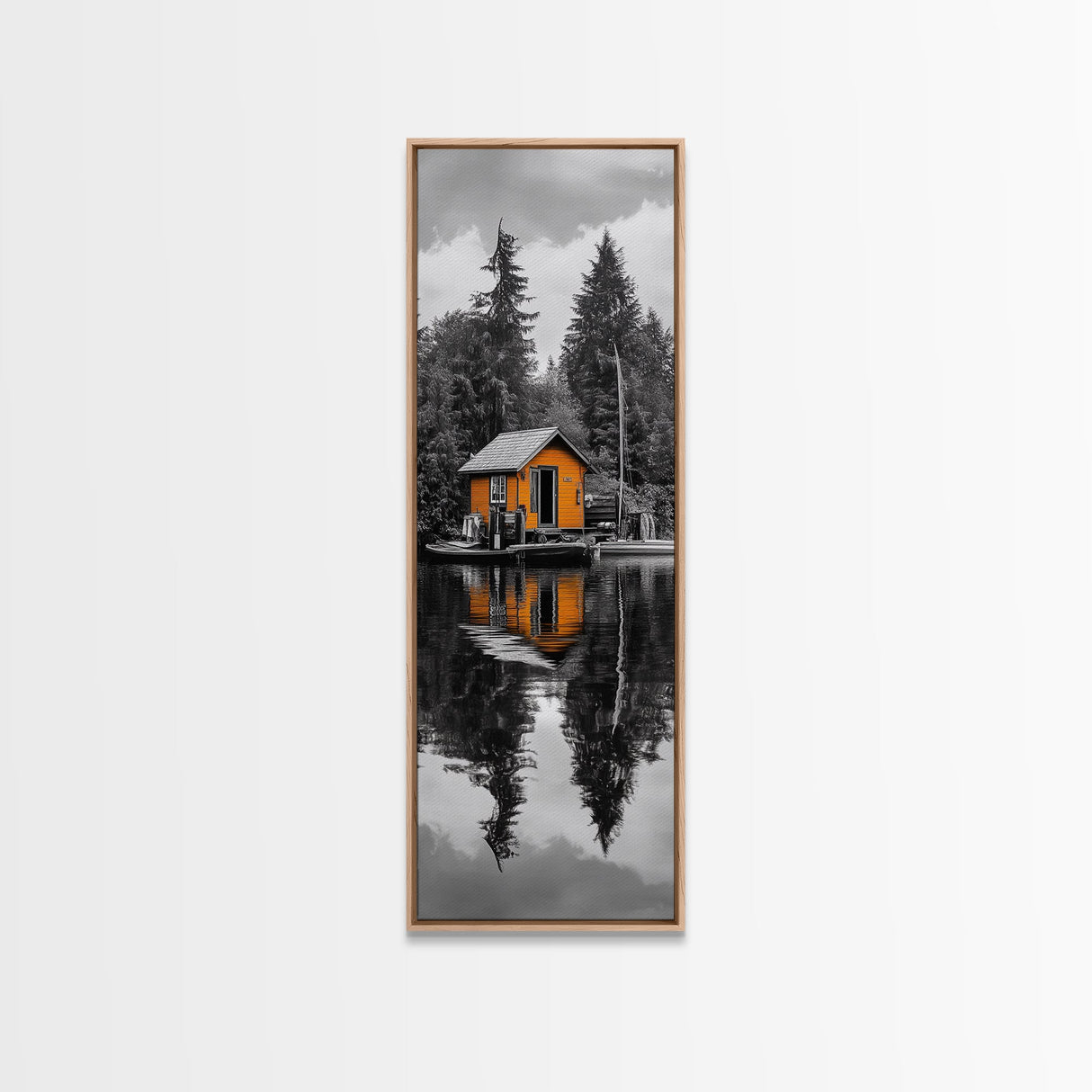 Lake Cabin, Reflection Serenity, Forest Escape, Framed Canvas Print, Nature Wall Art, Rustic Lodge Decor, Cabin Living Room Inspiration