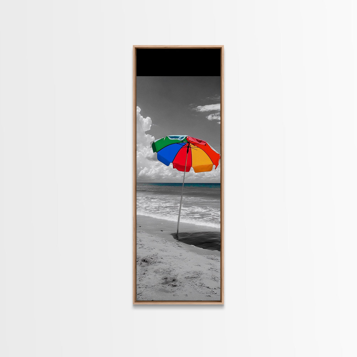 Rainbow Umbrella, Sandy Beach, Summer Sky, Framed Canvas Print, Coastal Bathroom Art, Vibrant Beach Decor, Modern Tropical Style