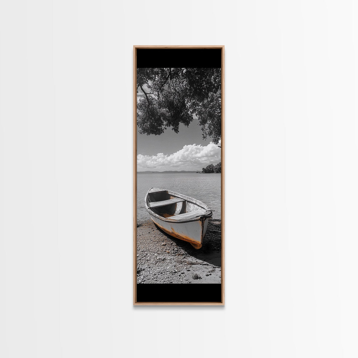 Rustic Rowboat, Tranquil Shore, Coastal Serenity, Vintage Lake Style, Canvas Print, Living Room Wall Art, Monochrome Nature Photography