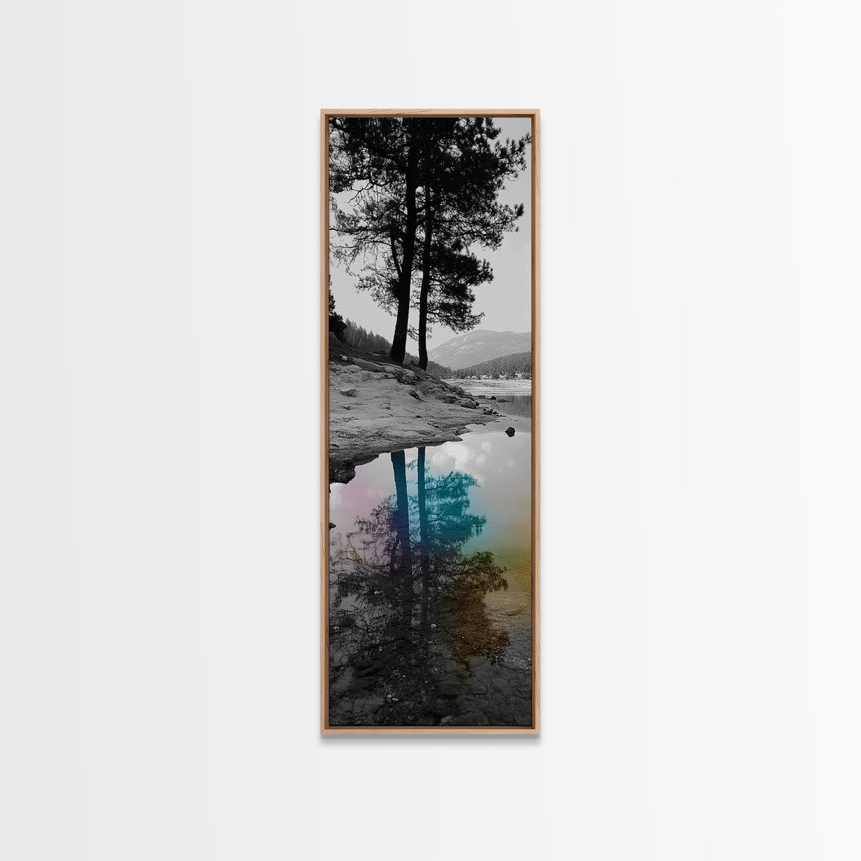 Tree Reflection, Moody Landscape, Nature Serenity, Rainbow Water, Framed Canvas Print, Boho Style, Bedroom Wall Art, Artistic Calm