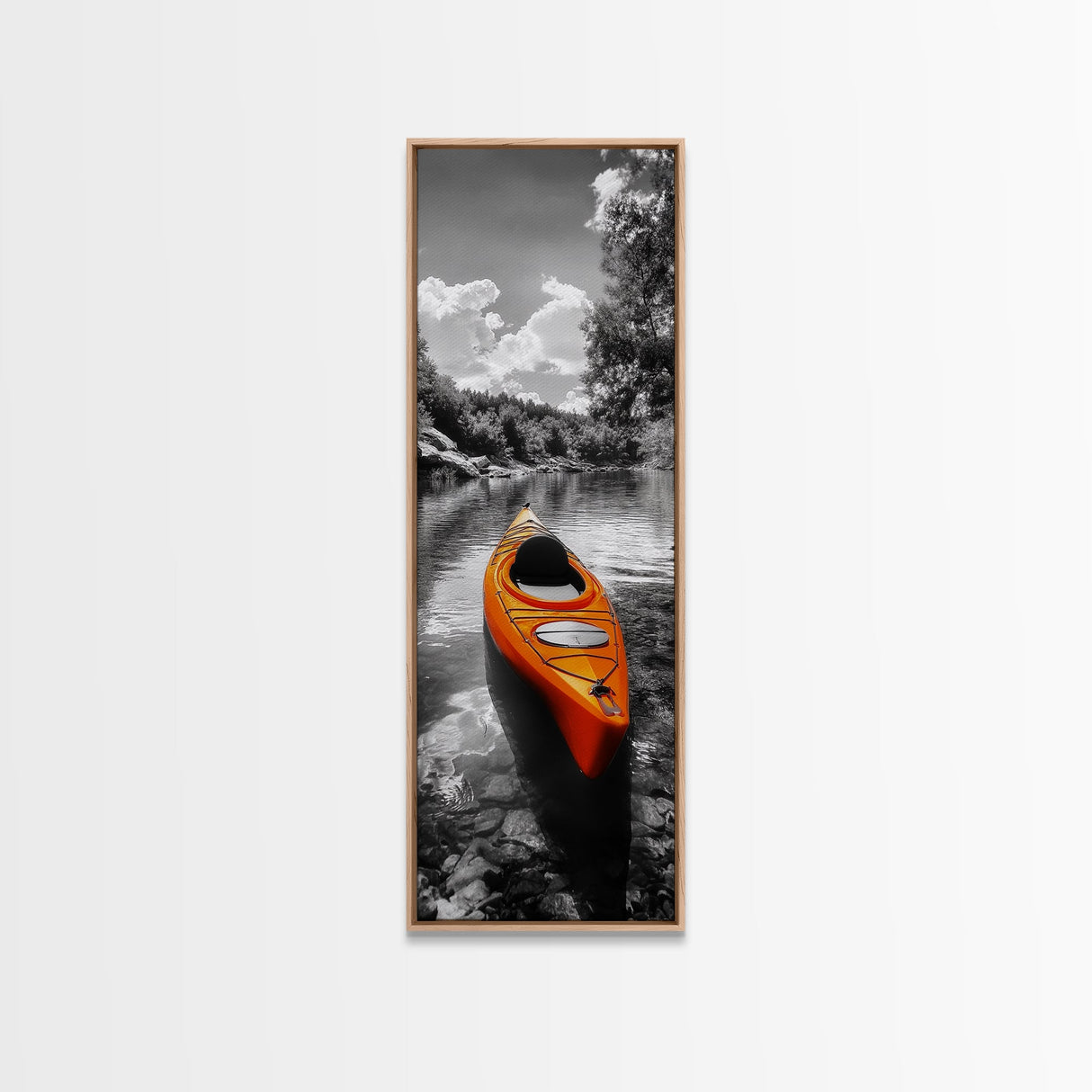 River Kayak Drift, Serene Paddle, Tranquil Outdoors, Fall Waterway, Canvas Print, Rustic Wall Art, Adventure Decor, Nature Photography