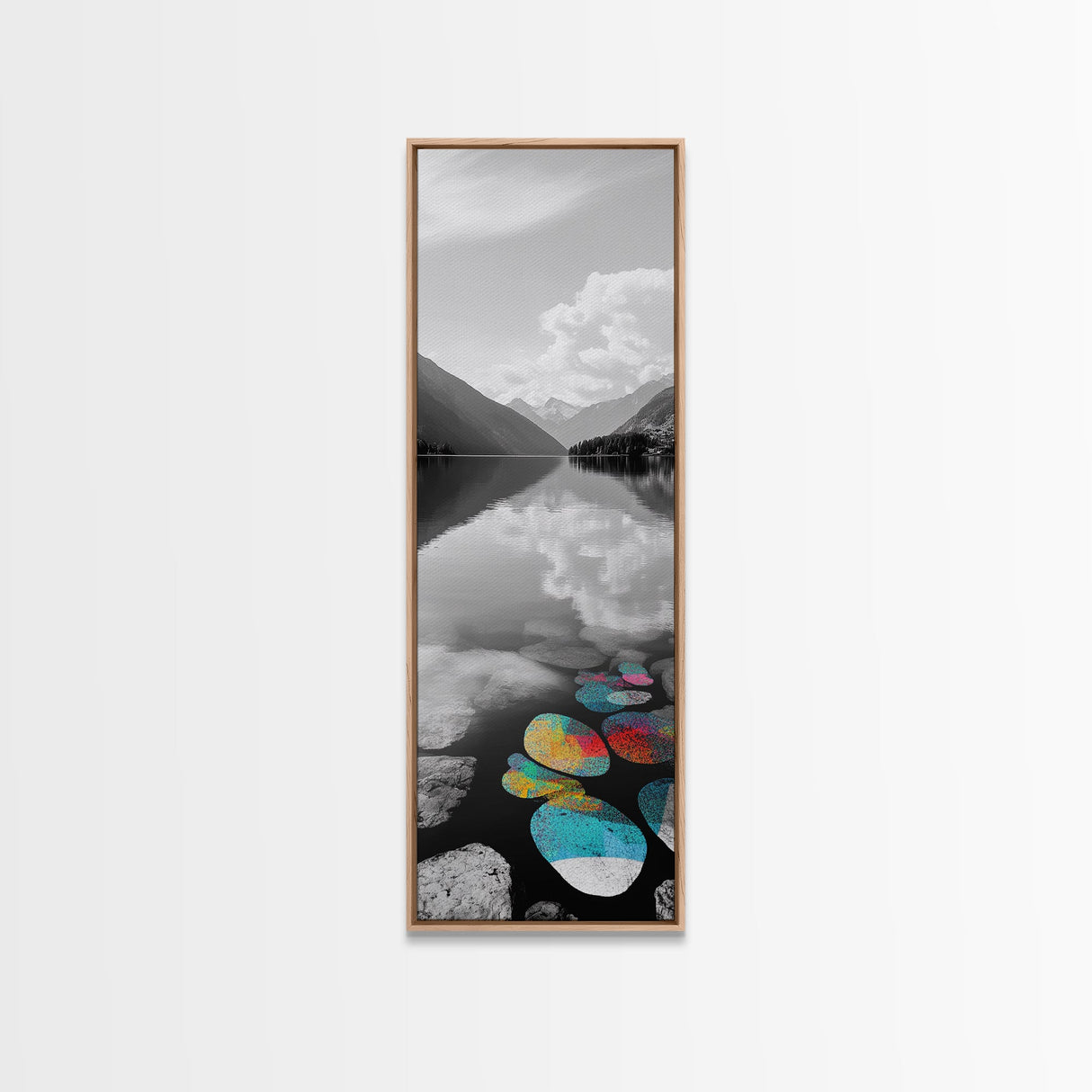 Lake Pebbles Art, Colorful Stones, Mountain Reflection, Calm Waterscape, Canvas Print, Zen Decor, Boho Lake Art, Bathroom Wall Art