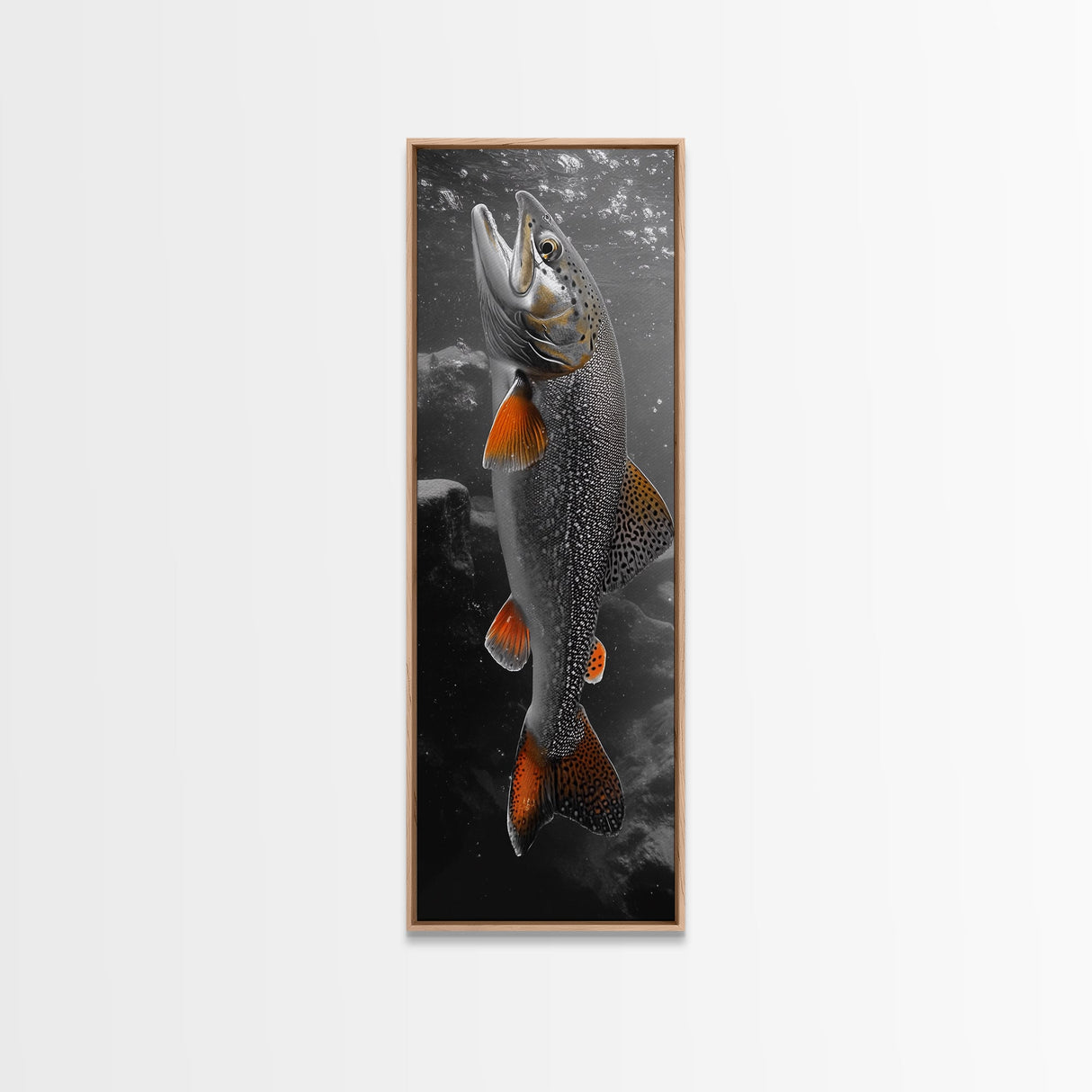 Trout Fishing Print, Underwater Scene, Orange Fins Fish, Rustic Wildlife, Framed Canvas Print, Cabin Decor, Man Cave Wall Art