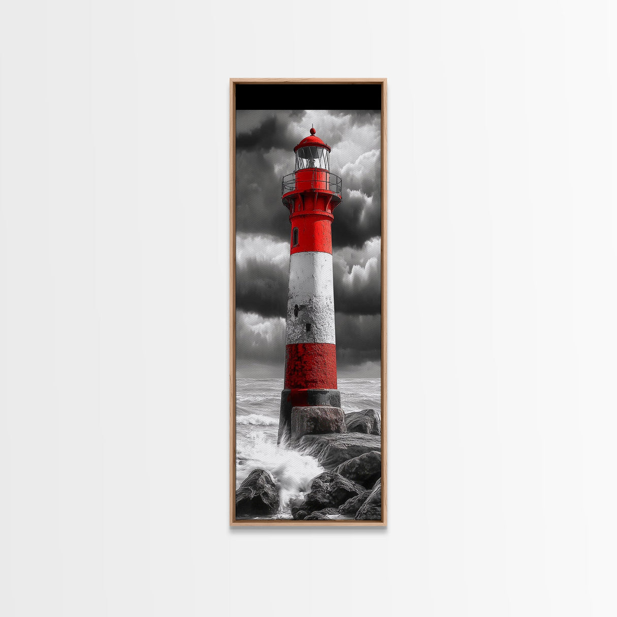 Red Lighthouse Storm, Coastal Beacon Art, Dramatic Seascape, Nautical Scene, Framed Canvas Print Living Room Wall Art, Moody Decor