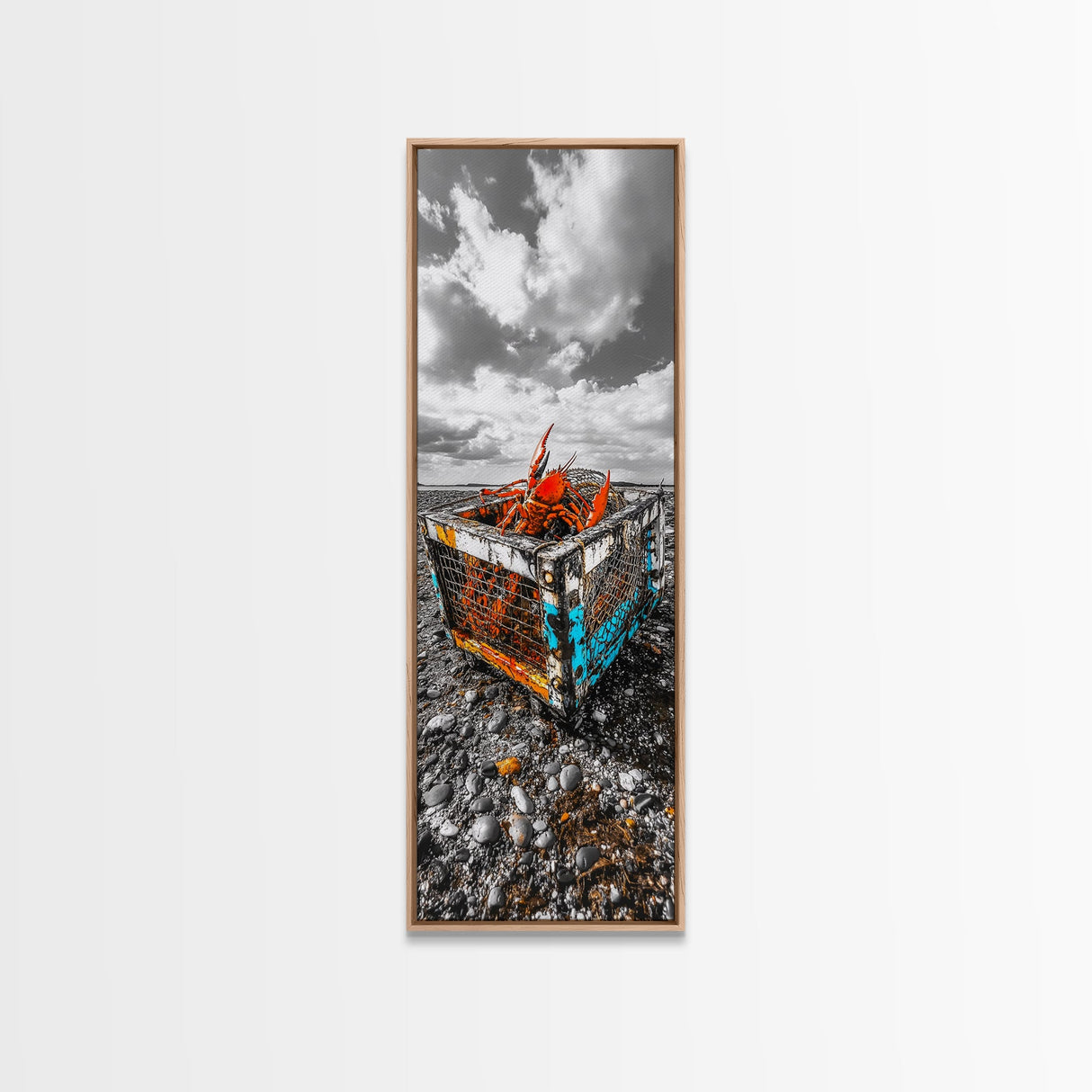Lobster Trap, Coastal Decor, Color Pop, Nautical Style Framed Canvas Print, seafood kitchen wall art, beach house coastal art