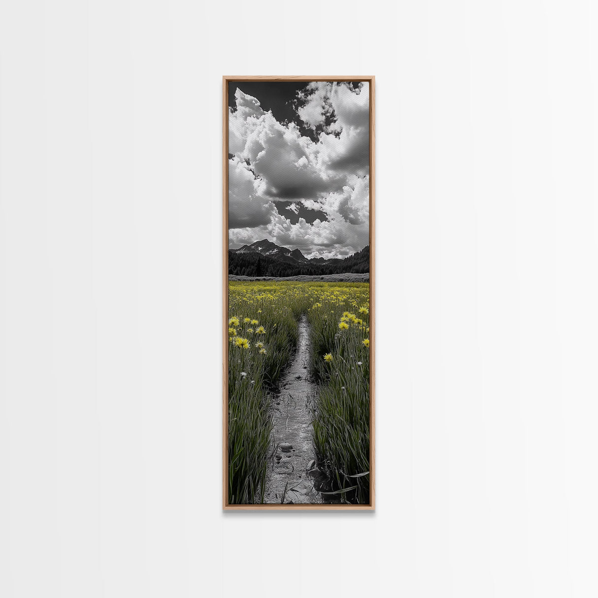 Yellow Field, Mountain Trail, Alpine Meadow, Bright Sky Framed Canvas Print, nature lover gift, landscape wall decor, cabin wall art