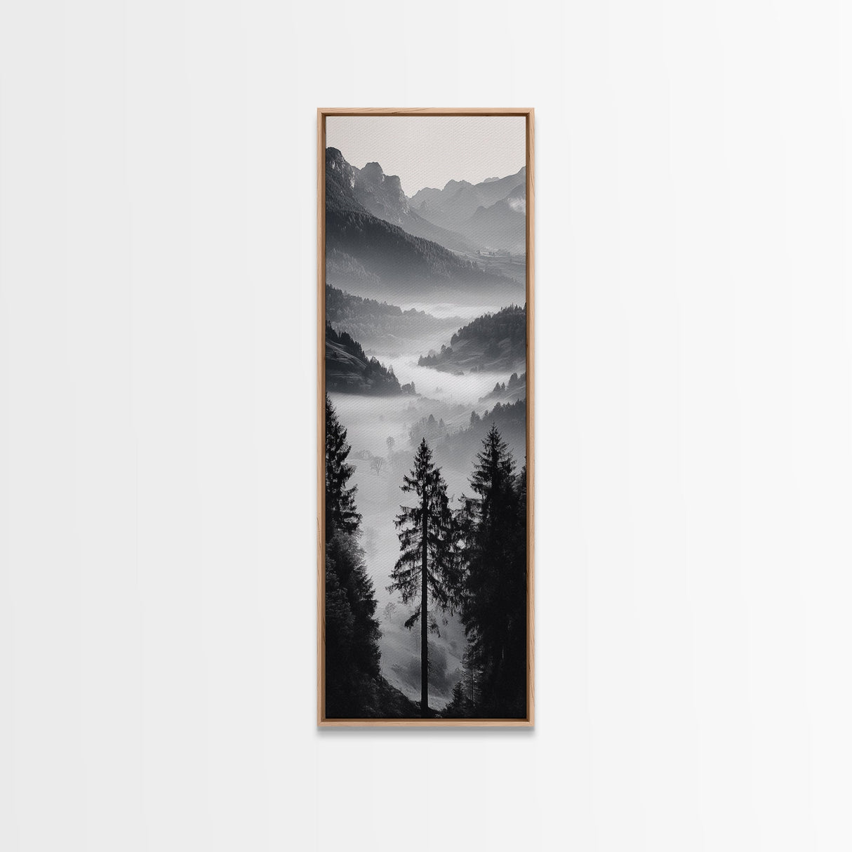Foggy Mountains, Pine Forest, Valley Mist, Calm Landscape, Canvas Print, entryway wall art, cozy cabin vibes, grayscale art style