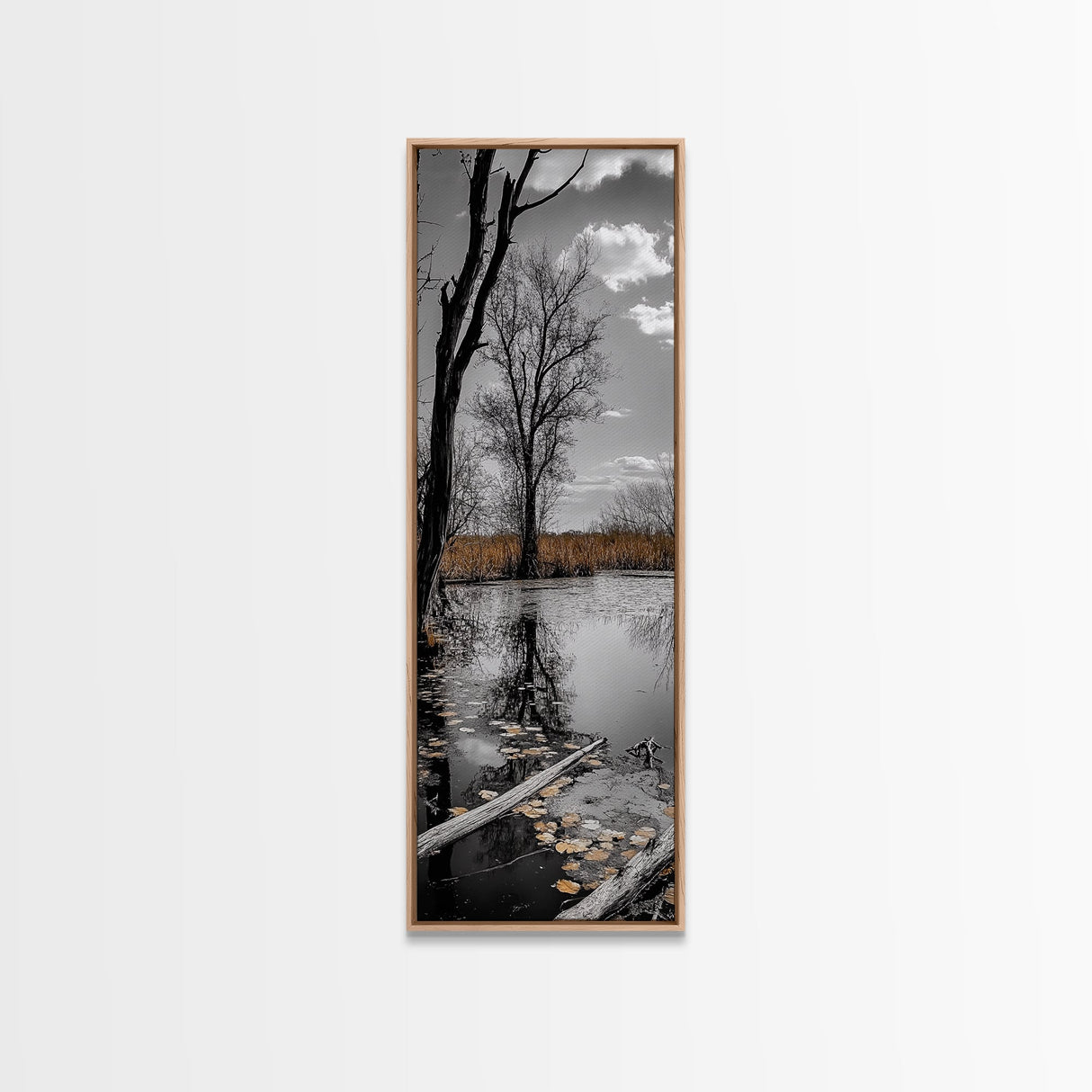 Swamp Trees, Moody Waters, Golden Lilies, Reflective Pond, Framed Canvas Print, Autumn Wall Art, Nature Decor, Living Room Landscape