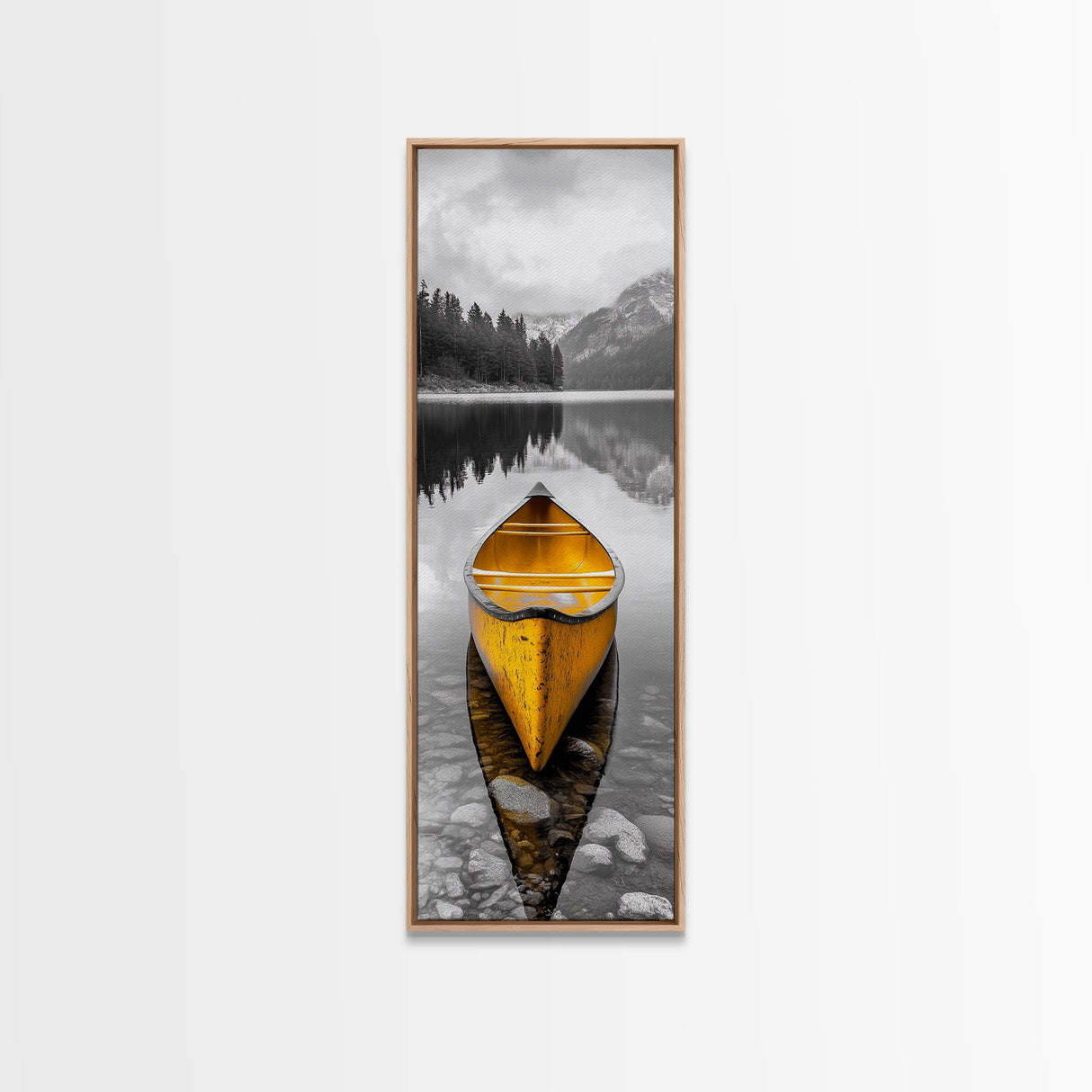 Yellow Canoe, Peaceful Lake, Mountain Reflections, Canvas Print, Nature Lover Gift, Minimalist Wall Art, Cabin Living Room Decor