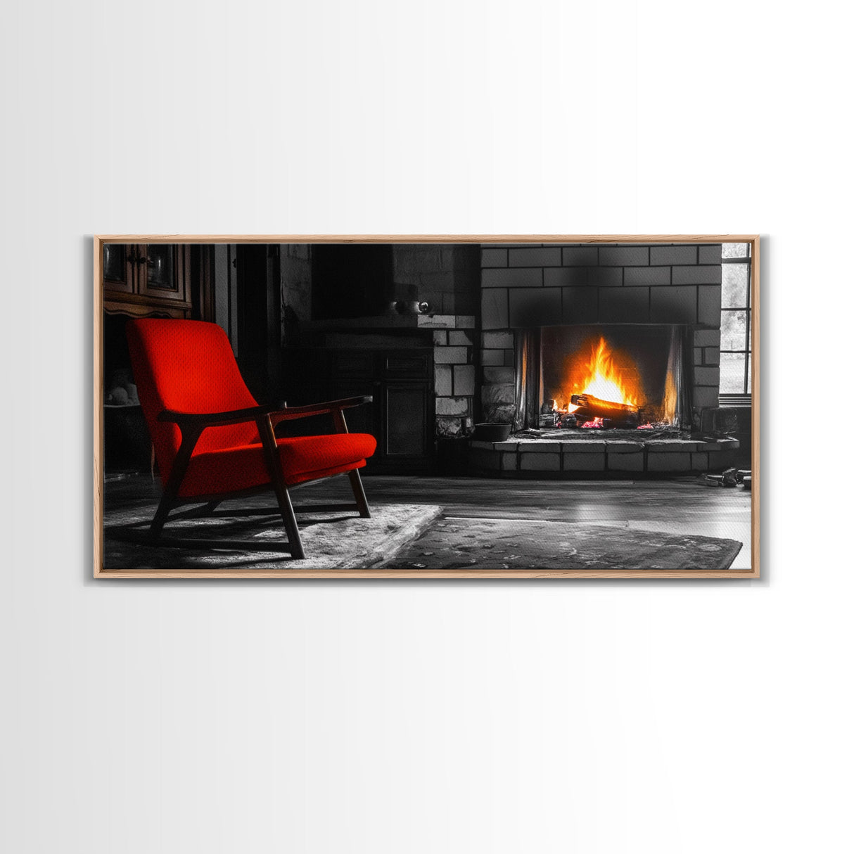 Fireplace, Red Chair, Cozy firelight and bold red accent chair on this Framed Canvas Print, Cozy Fall Living Room Art, Cabin Decor Accent