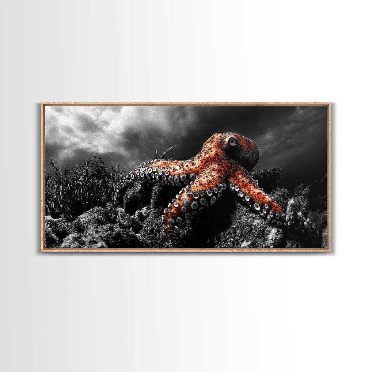 Octopus Ocean, Sea Creature Art, Deep Sea Wall Art, Marine Decor, Framed Canvas Print, Bathroom Wall Art, Moody Nautical, Coastal Vibes
