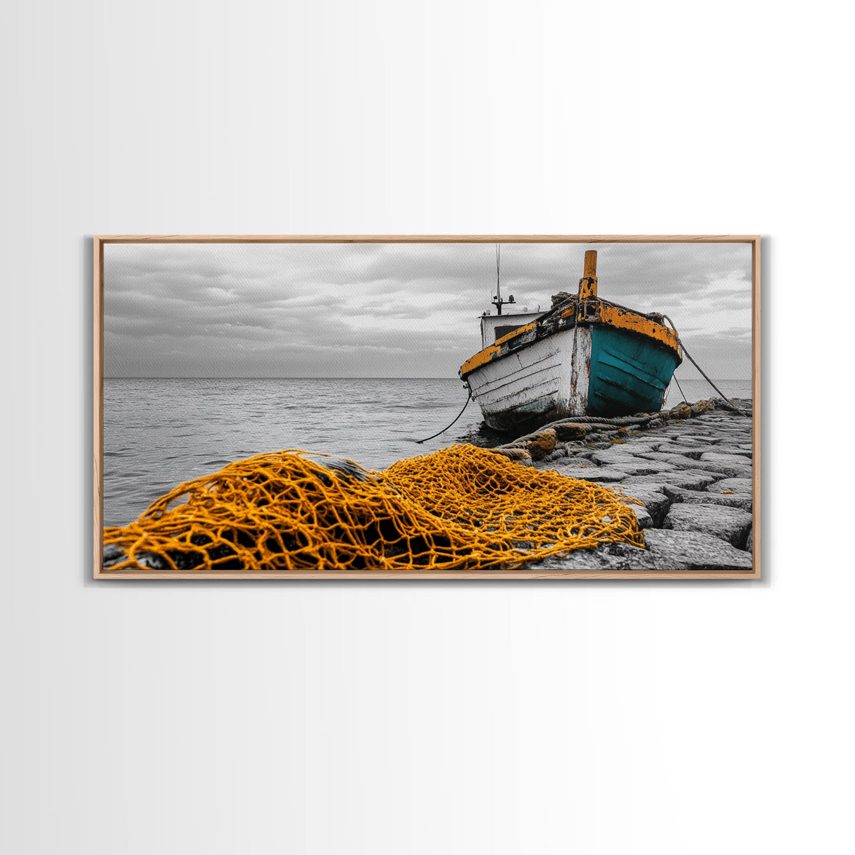 Fishing Boat, Coastal Life, Yellow Net, Framed Canvas Print, Nautical Decor, Beach House Wall Art, Seaside Photography, Ocean Lover Gift
