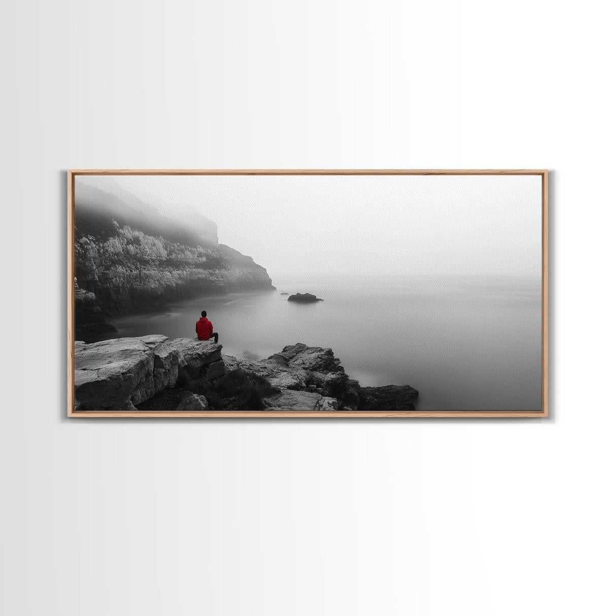 Red Hoodie, Ocean Cliff, Misty Silence, Framed Canvas Print, Minimalist Solitude Art, Mental Health Awareness, Bedroom Wall Decor, Calm Scene