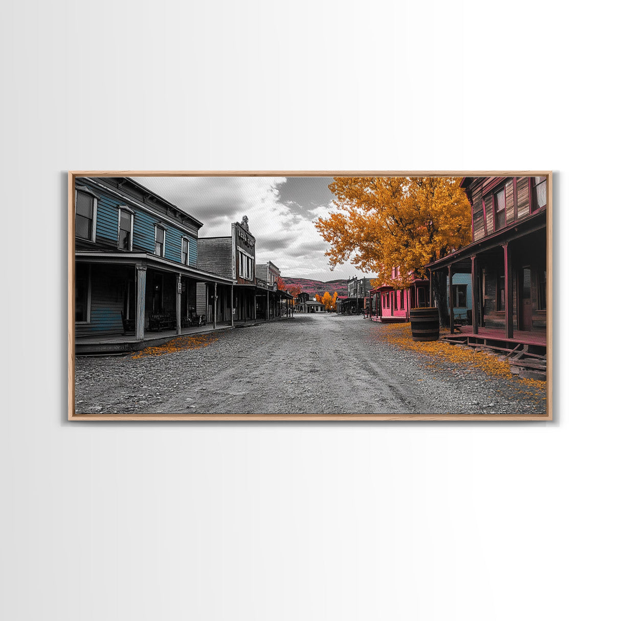 Wild West Town, Autumn Trees, Empty Street, Color Pop, Framed Canvas Print, Rustic Wall Decor, Hallway Art, Americana Style