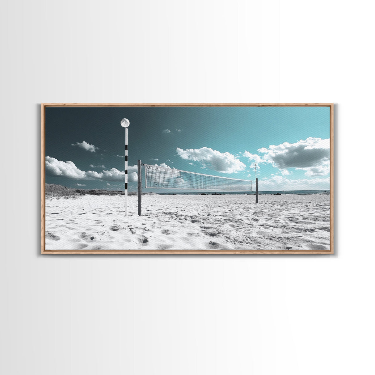 Beach Volleyball, Summer Sport, Minimalist Beach Scene, Sky Art, Framed Canvas Print, Game Room Wall Art, Coastal Modern Decor