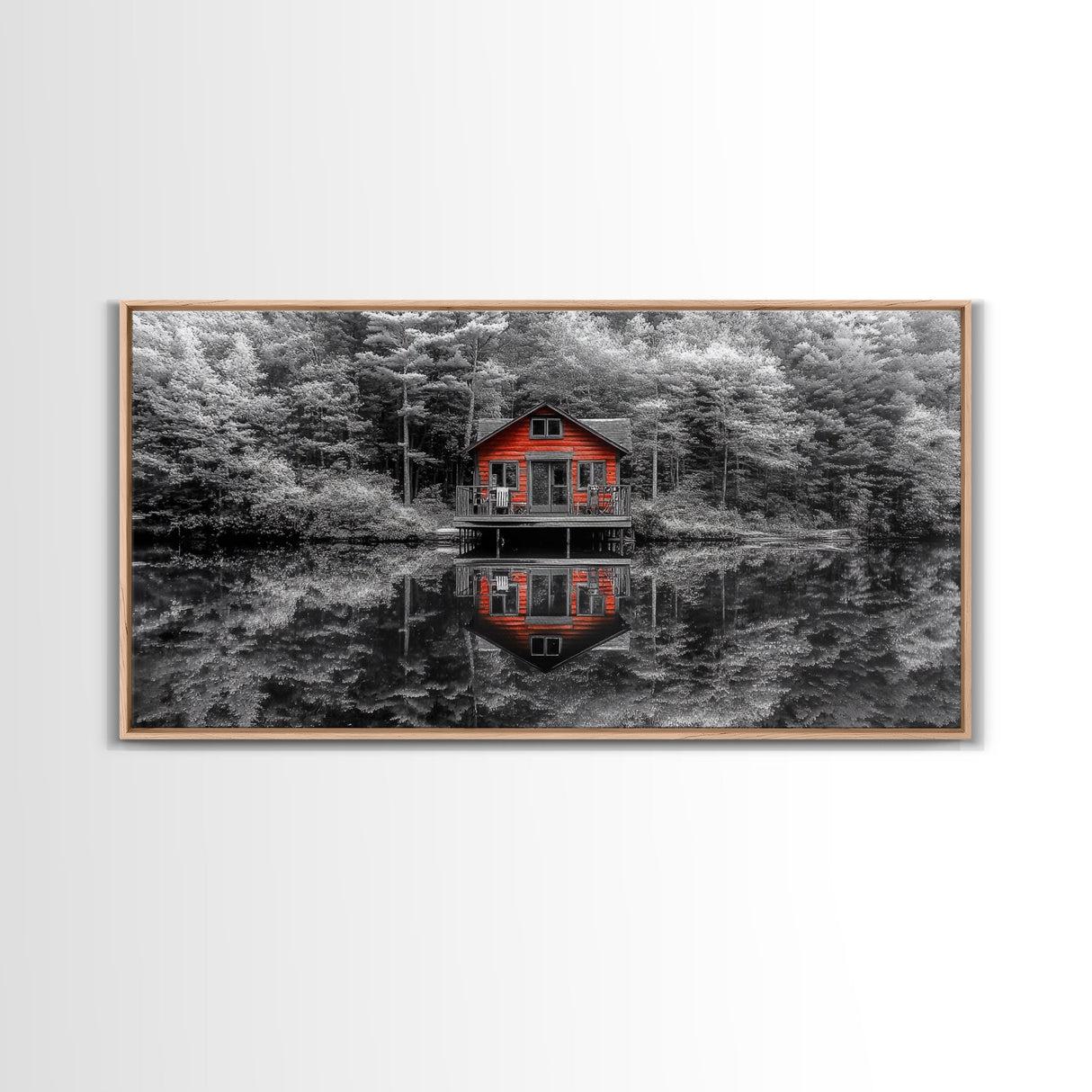 Red Cabin, Lake Reflection, Autumn Escape, Forest Retreat, Framed Canvas Print, Rustic Wall Art, Cabin Decor, Fall Living Room Artwork