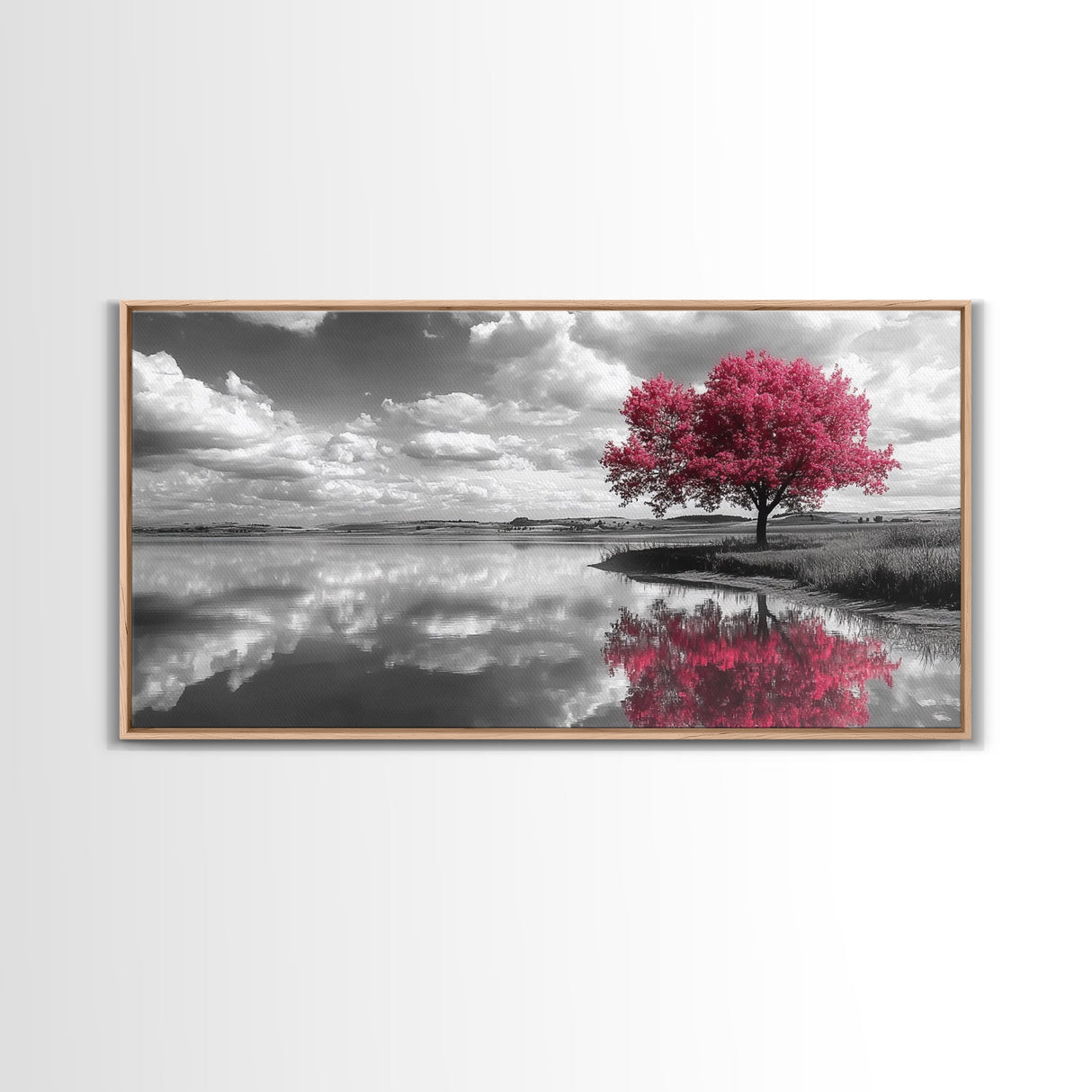 Pink Tree Reflections, Minimal Nature Art, Monochrome Landscape Canvas Print, Tranquil Bedroom or Living Room Wall Decor