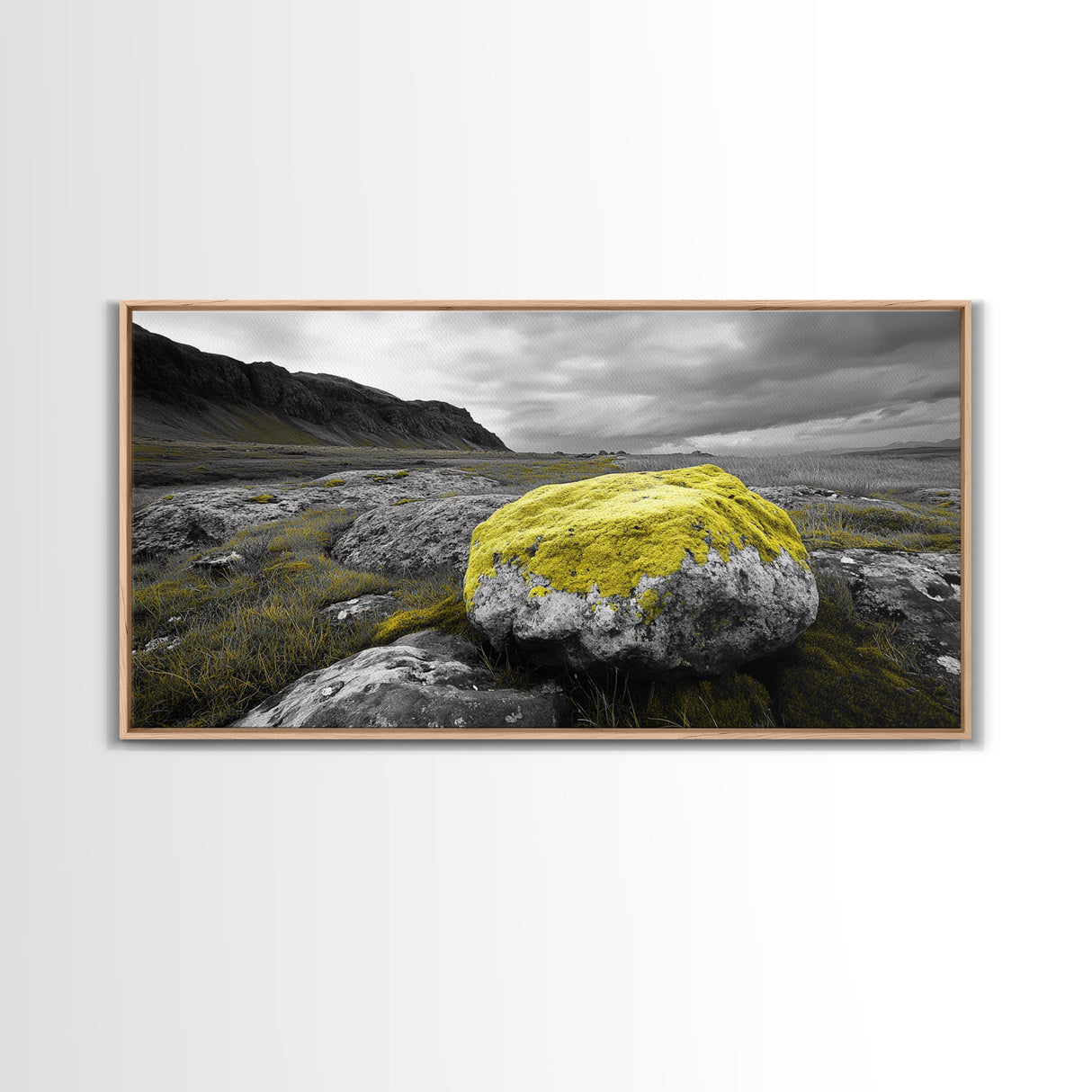 Yellow Moss Rock, Moody Nature Photography, Icelandic Landscape Art, Wilderness Inspired Canvas Print, Rustic Cabin Wall Decor