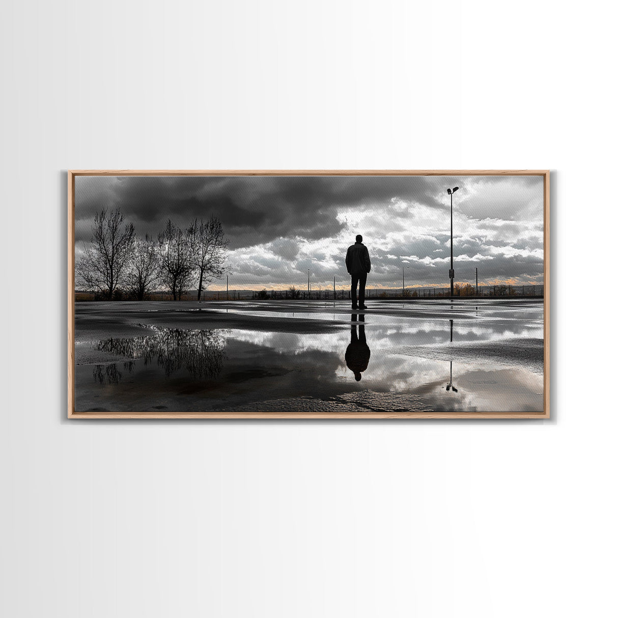 Solitude Reflection, Urban Mood, Moody Skies, Canvas Print, Modern Wall Art, Entryway Decor, Urban Photography, Minimalist Art, Rainy Day Art