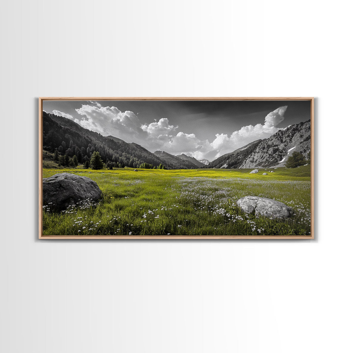 Mountain Meadow, Alpine Landscape, Nature Photography, Wildflower Field, Framed Canvas Print, Bedroom Wall Art, Summer Vibes, Scenic Escape